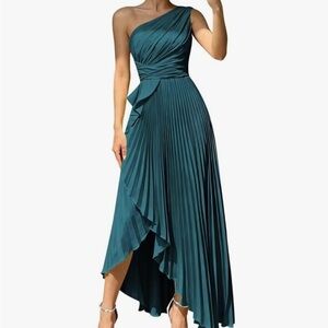 One-Shoulder Teal Pleated Maxi Dress